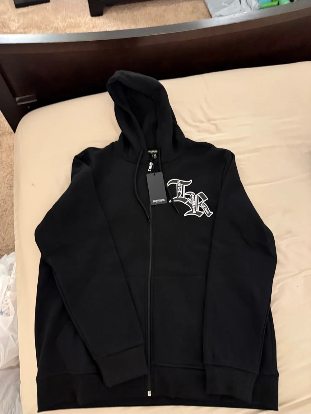 True Religion Jet Black Zip Hoodie with White Logo Accent